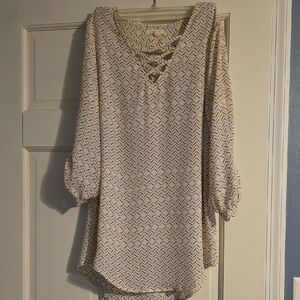 Maurices Cream Blouse with Black and Pink Patterns